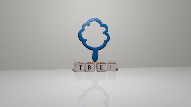 3D representation of tree with icon on the wall and text arranged by metallic cubic letters on a mirror floor for concept meaning and slideshow presentation. background and christmas