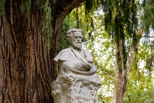 Adolfo Becquer - A close-up view of the bust of the Spanish Romanticist poet Gustavo Adolfo Dominguez Becquer (1836-1870) at Becquer Monument in Maria Luisa Park, Seville, Andalusia, Spain.