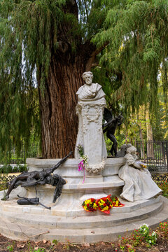 Becquer Monument - A front full view of the monument to Gustavo Adolfo Becquer, a 19th-century Spanish Romanticist poet, on a sunny Autumn day in Maria Luisa Park, Seville, Andalusia, Spain.