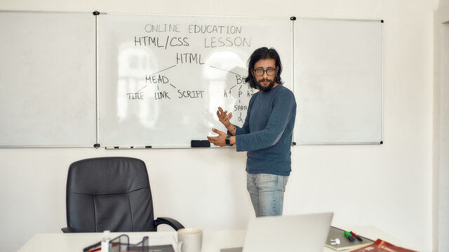Code academy online. Young serious bearded male teacher wearing glasses pointing at whiteboard and teaching HTML CSS, giving lesson online