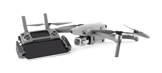 Modern drone and controller with smartphone  isolated on white