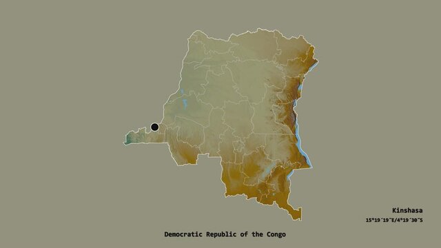 Kasa&iuml;-Central, province of Democratic Republic of the Congo, with its capital, localized, outlined and zoomed with informative overlays on a relief map in the Stereographic projection. Animation 3D