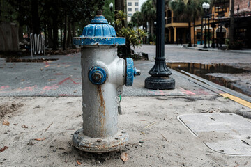Fototapeta na wymiar Fire Hydrant Downtown City Sidewalk In Blue