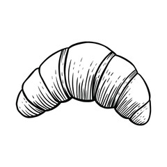 Hand drawn sketch of croissant on white background. Perfect for design menu cafe, label and packaging. Black and white hand drawn vector illustration.