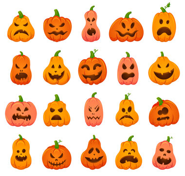 Creepy halloween pumpkins. Cartoon orange pumpkin traditional holiday decoration, scary, spooky face pumpkins vector illustration icons set. Smile halloween scary pumpkin