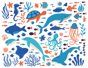 Doodle underwater animals. Ocean creatures, hand drawn marine life, dolphin, whale, turtle, octopus, corals, sea plants vector illustration set. Underwater sea drawing animals wildlife