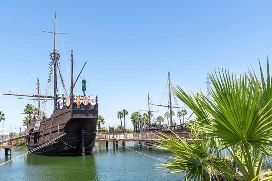 Caravels and ship with which Christopher Columbus ventured to discover the new world. At the dock of the caravels of La Rabida, in Huelva, Andalusia, Spain