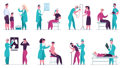 Doctor medical appointment. Medical check up, hospital health care, ultrasound and vaccination, clinic vector illustration set. Medical diagnosis hospital collection