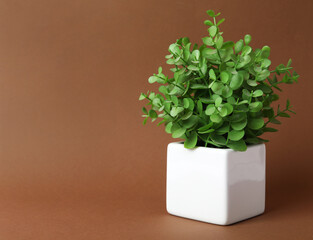 Beautiful artificial plant in flower pot on brown background, space for text
