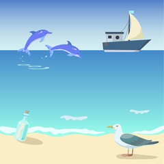 Ship in the sea with dolphins, bottle and seagull. Vector illustration.
