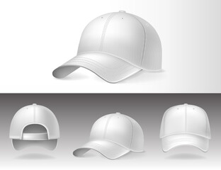 Baseball caps from different sides on white background. Sports headwear with mockup for design, realistic vector illustration collection