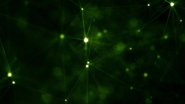 elegant sustainable green energy and organic artificial intelligence stars grid network concept on dark background. Green wireframe 3D animation with glowing plexus knots and shining lines in selectiv