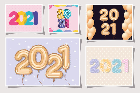 2021 multicolored and gold balloons in frames of happy new year design, Welcome celebrate greeting card happy decorative and celebration theme Vector illustration