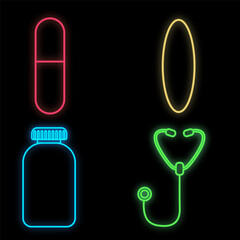 Set of bright luminous multi-colored medical neon signs for a pharmacy or hospital store, beautiful shiny scientific pills and a stethoscope on a black background. Vector illustration