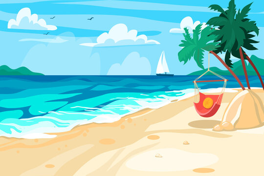 Beach, seascape. Summer holidays, tourism, postcard. Vector stock illustration. Bright. Flat design.