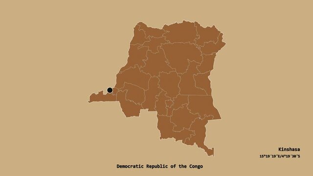 Mongala, province of Democratic Republic of the Congo, with its capital, localized, outlined and zoomed with informative overlays on a solid patterned map in the Stereographic projection. Animation 3D