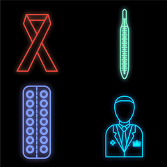 Set of bright glowing multicolored medical neon signs for a pharmacy or hospital store beautiful shiny scientific pills thermometer doctor on a black background. Vector illustration