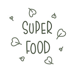 Lettering Super Food with decorative leaves. Hand drawing font. Green letters of the alphabet on a white background.