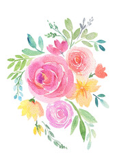 Hand drawing boho watercolor floral illustration with pink and yellow flowers, green branches, leaves. Watercolor roses on white background. Isolated