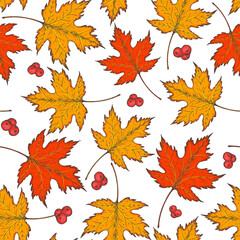 Naklejka na ściany i meble Autumn leaves seamless pattern. Fall background. Hand drawn design. Vector illustration. Colorful maple leaves.