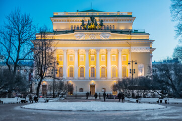 Alexandrinsky Theater in the winter twilight. The full name is the Russian State Academic Drama...