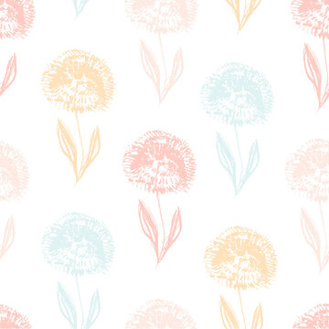 Cute light seamless pattern with textured hand drawn colorful dandelion flowers. Grunge sketch vector inky floral blossoms texture for textile, wrapping paper, cover, surface, wallpaper, banner decor