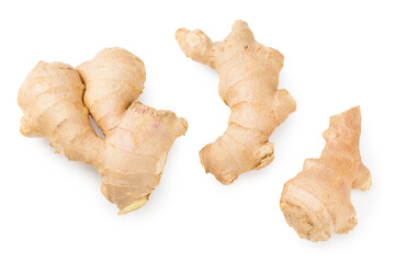 ginger rhizome isolated on white background. Top view