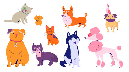 Set of cute and funny cartoon pet characters. Different poses of dogs and cats.