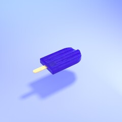 Close-up realistic art of blue, fruit, juicy, fresh popsicle on wooden stick on blue pastel background. Isolated element for design. Stock 3d render