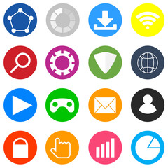 Conjunto de iconos con círculos, cargar, descargar, conexión a internet, búsqueda, ajustes, seguridad, red, video, videojuegos, mensaje, usuario, bloqueo, seleccionar, barras gráficos de colores
