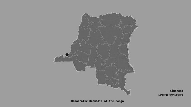 Tshuapa, province of Democratic Republic of the Congo, with its capital, localized, outlined and zoomed with informative overlays on a bilevel map in the Stereographic projection. Animation 3D