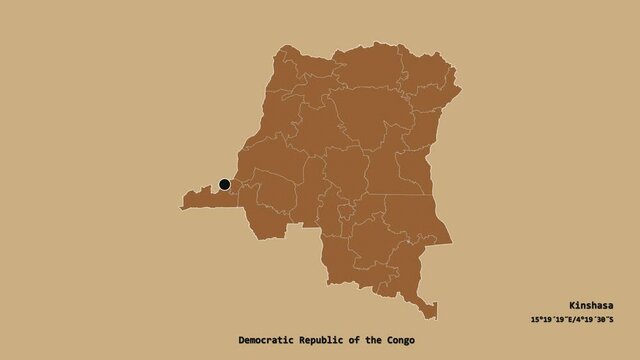 Tshuapa, province of Democratic Republic of the Congo, with its capital, localized, outlined and zoomed with informative overlays on a solid patterned map in the Stereographic projection. Animation 3D