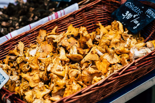Champignons girolles fra&icirc;ches dans un panier en vente sur un march&eacute;