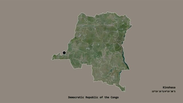 Tshuapa, province of Democratic Republic of the Congo, with its capital, localized, outlined and zoomed with informative overlays on a satellite map in the Stereographic projection. Animation 3D