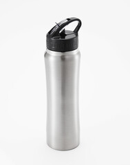Full length grey waterbottle. Isolated on white background.