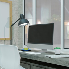 Desktop computer on the table of the office mockup 3d rendering. 3d illustration