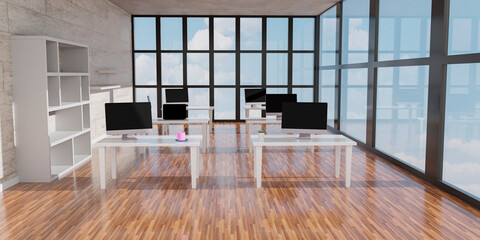 Desktop computer on the table of the office mockup 3d rendering. 3d illustration