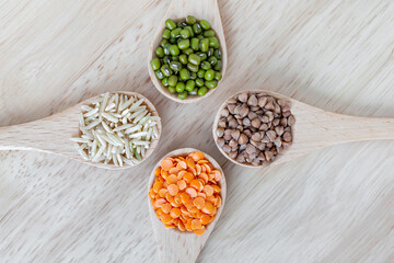 Wooden spoons with different grains. Rice, moong beans, dal and buckwheat.