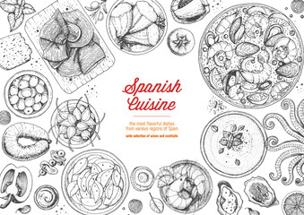 Spanish cuisine top view frame. A set of spanish dishes with paella, gaspacho, patatas bravas, hamon, tapas . Food menu design template. Vintage hand drawn sketch vector illustration. Engraved image