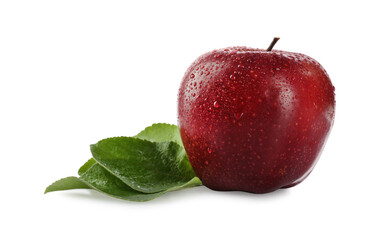 Fresh juicy red apple with leaves isolated on white