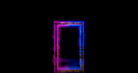 3d rendering. Neon rectangle or square in ultraviolet and blue colors on an hardening surface and black background. Futuristic frame or portal.