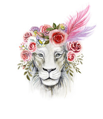 Watercolor image of the Crimean white lioness in a wreath of flowers