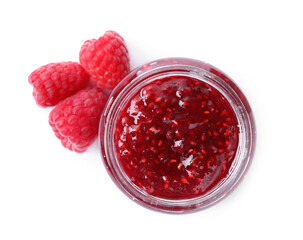 Delicious jam and fresh raspberries isolated on white, top view