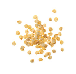 Pile of raw bell pepper seeds on white background, top view. Vegetable planting