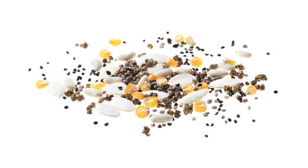 Mix of vegetable seeds on white background