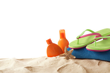 Composition with beach objects on sand against white background. Space for text