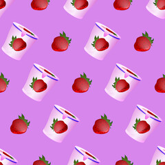 Beautiful Seamless Pattern With Strawberry Yogurts. Modern Design Template. Tasty Fresh Dairy Products. Trendy Textile, Fabric, Wrapping. Modern Paper Design. Cartoon Flat Style. Vector Illustration