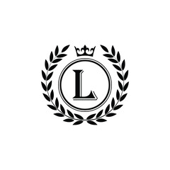 Letter L laurel wreath template logo Luxury letter with crown. Monogram alphabet . Beautiful royal initials letter.	