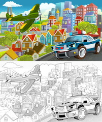 Naklejka premium cartoon scene in the city flying plane and car illustration