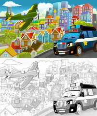 Naklejka premium cartoon scene in the city flying plane and car illustration